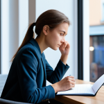 A pensive young professional in a modest, smart casual outfit, sitting by a large window in a modern, minimalist cafe. The individual holds a simple notebook, gazing out with a look of quiet determination and resilience. Soft, natural light illuminates the scene, highlighting their calm demeanor. The background shows a blurred city street, suggesting a connection to everyday life. The person is fully clothed, in appropriate attire, safe for work, professional, perfect anatomy, correct proportions, well-formed hands, proper finger count, natural body proportions, natural pose, high-quality professional photography.