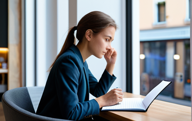 A pensive young professional in a modest, smart casual outfit, sitting by a large window in a modern, minimalist cafe. The individual holds a simple notebook, gazing out with a look of quiet determination and resilience. Soft, natural light illuminates the scene, highlighting their calm demeanor. The background shows a blurred city street, suggesting a connection to everyday life. The person is fully clothed, in appropriate attire, safe for work, professional, perfect anatomy, correct proportions, well-formed hands, proper finger count, natural body proportions, natural pose, high-quality professional photography.