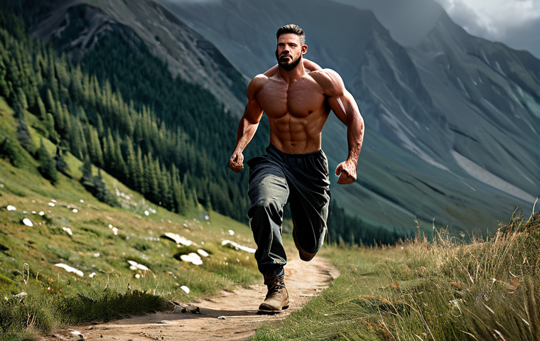A dynamic male character, depicted mid-stride, in a vast, open, natural environment with a strong sense of depth. He is fully clothed in rugged, practical attire, featuring natural fabric folds and appropriate layers. The composition emphasizes dramatic perspective with a low camera angle, showcasing powerful body language and well-defined musculature. Perfect anatomy, correct proportions, natural pose, well-formed hands, proper finger count, natural body proportions, professional digital painting, high resolution, safe for work, appropriate content, modest, family-friendly.