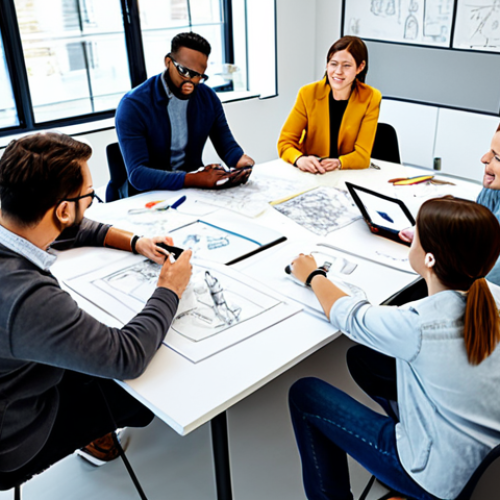 **

"A diverse team of professional character designers collaborating in a bright, modern studio, fully clothed in appropriate attire, brainstorming ideas around a large table covered with sketches and tablets. The atmosphere is energetic and collaborative, with team members actively listening and contributing. Safe for work, appropriate content, perfect anatomy, natural proportions, family-friendly, professional environment."

**