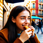 **

A vibrant street scene in Barcelona: A young woman with stylish, modern clothing enjoys churros with chocolate at an outdoor cafe. Warm, golden sunlight, bustling atmosphere, colorful buildings in the background. Capture the energy and beauty of Barcelona.

**