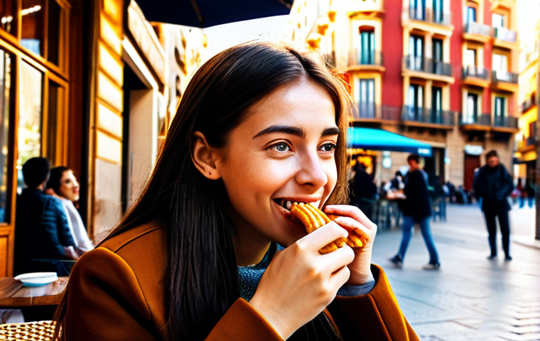 **

A vibrant street scene in Barcelona: A young woman with stylish, modern clothing enjoys churros with chocolate at an outdoor cafe. Warm, golden sunlight, bustling atmosphere, colorful buildings in the background. Capture the energy and beauty of Barcelona.

**