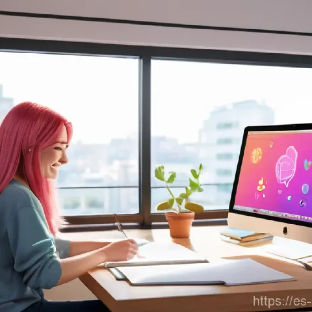 캐릭터 디자인과 애니메이션 협업 - **Prompt:** A female character designer, approximately 28 years old, with vibrant pink hair styled i...