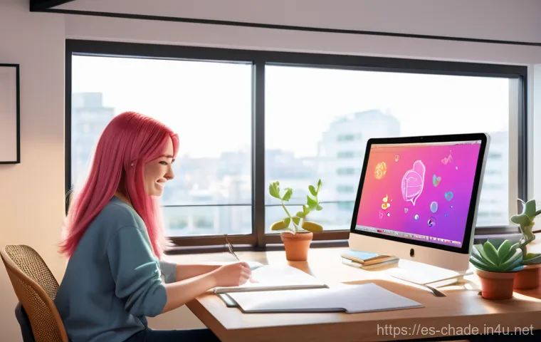 캐릭터 디자인과 애니메이션 협업 - **Prompt:** A female character designer, approximately 28 years old, with vibrant pink hair styled i...