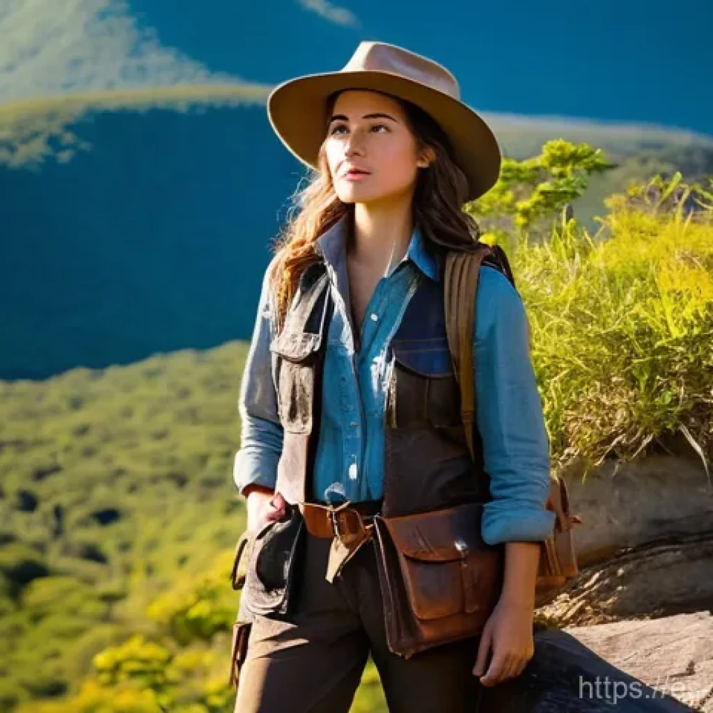 캐릭터 디자인 독학으로 시작하는 법 - **Prompt:** A brave female explorer, in her late 20s, stands confidently atop a rocky outcrop overlo...