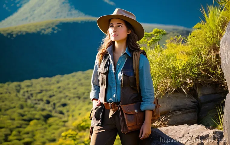 캐릭터 디자인 독학으로 시작하는 법 - **Prompt:** A brave female explorer, in her late 20s, stands confidently atop a rocky outcrop overlo...