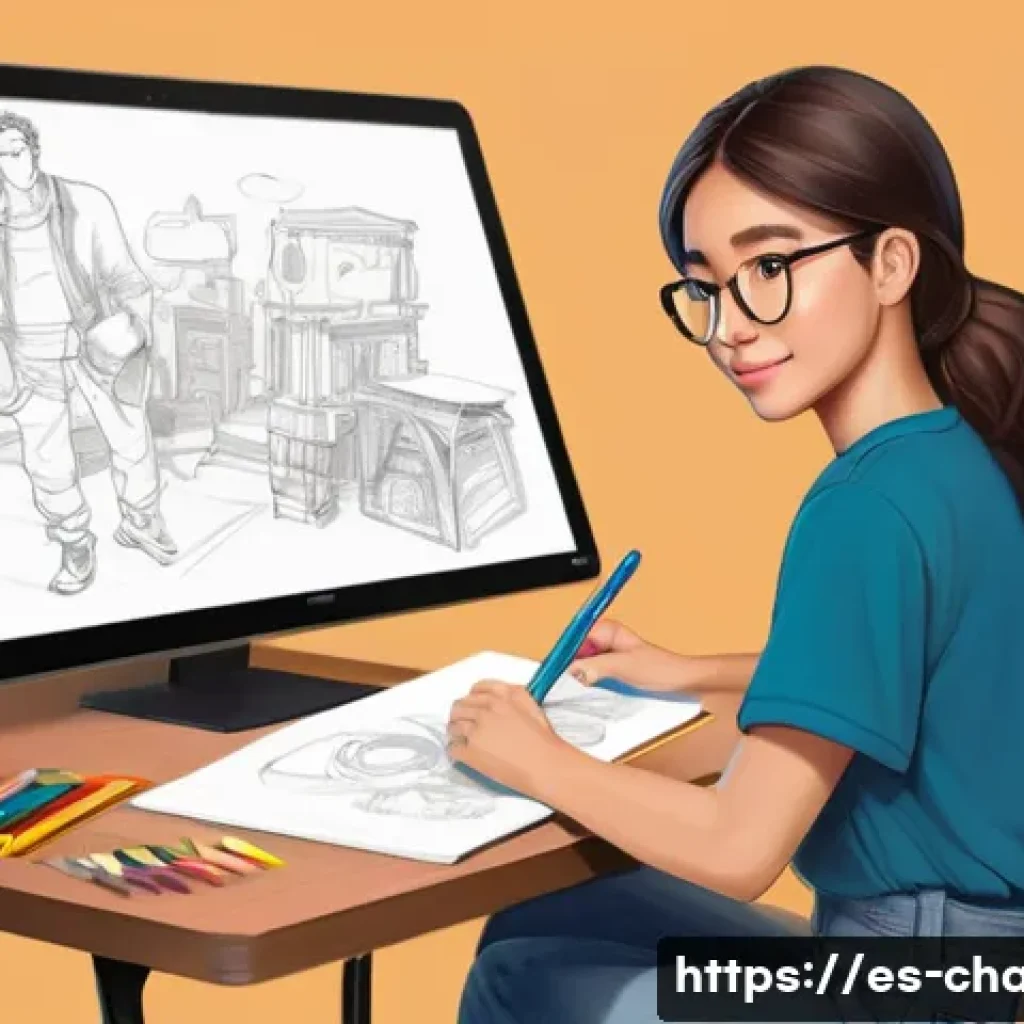 캐릭터 디자인 관련 자격증 시험 준비 - **Prompt:** "A young, aspiring female character designer, approximately 22 years old, seated at a we...