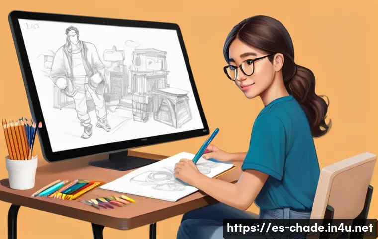 캐릭터 디자인 관련 자격증 시험 준비 - **Prompt:** "A young, aspiring female character designer, approximately 22 years old, seated at a we...