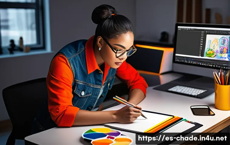 캐릭터 디자인 취업 성공기 - A professional character designer’s creative workspace, featuring a modern desk with a high-resoluti...