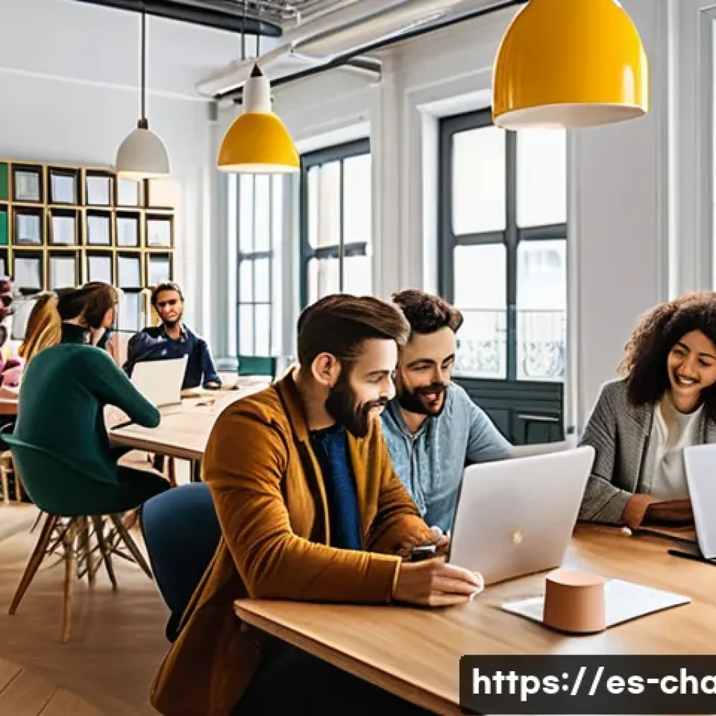 캐릭터 디자인의 팀워크 개선 방법 - A modern, bright co-working office space in Barcelona with a diverse team of young Spanish professio...