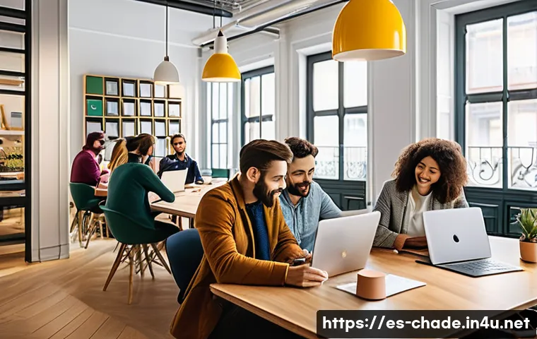 캐릭터 디자인의 팀워크 개선 방법 - A modern, bright co-working office space in Barcelona with a diverse team of young Spanish professio...