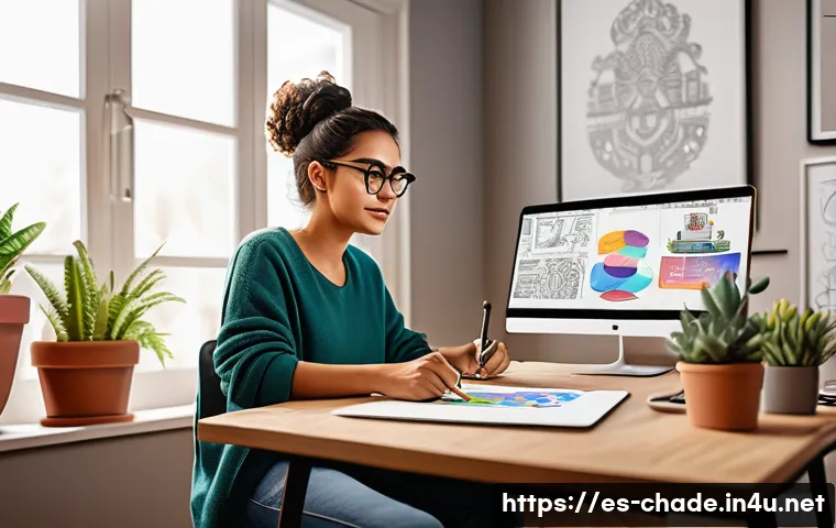 캐릭터 디자인 프리랜서 단가 책정 - A professional freelance character designer working in a cozy, modern home studio filled with colorf...