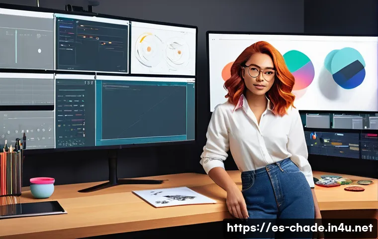 캐릭터 디자인 포트폴리오와 관련된 사례 연구 - A vibrant character design portfolio scene featuring a confident young female game designer with a d...