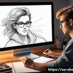 캐릭터 디자인 관련 소프트웨어 비교 - A young character designer sketching on a digital tablet in a cozy home studio, surrounded by art su...