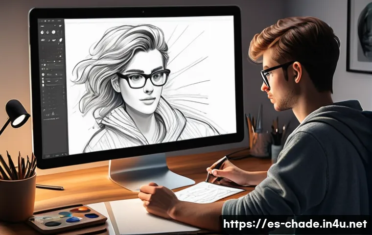 캐릭터 디자인 관련 소프트웨어 비교 - A young character designer sketching on a digital tablet in a cozy home studio, surrounded by art su...