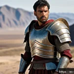 캐릭터 디자인의 원리와 응용 - A weary warrior character standing in a battle-worn landscape, wearing detailed but practical armor ...