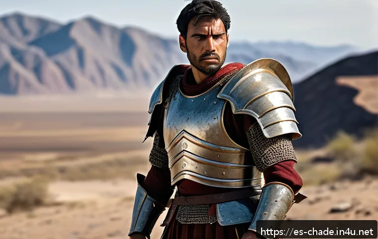 캐릭터 디자인의 원리와 응용 - A weary warrior character standing in a battle-worn landscape, wearing detailed but practical armor ...