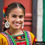 캐릭터 디자인 비주얼 스토리텔링 - A young Hispanic woman with a confident posture, standing tall with her chest slightly forward, wear...