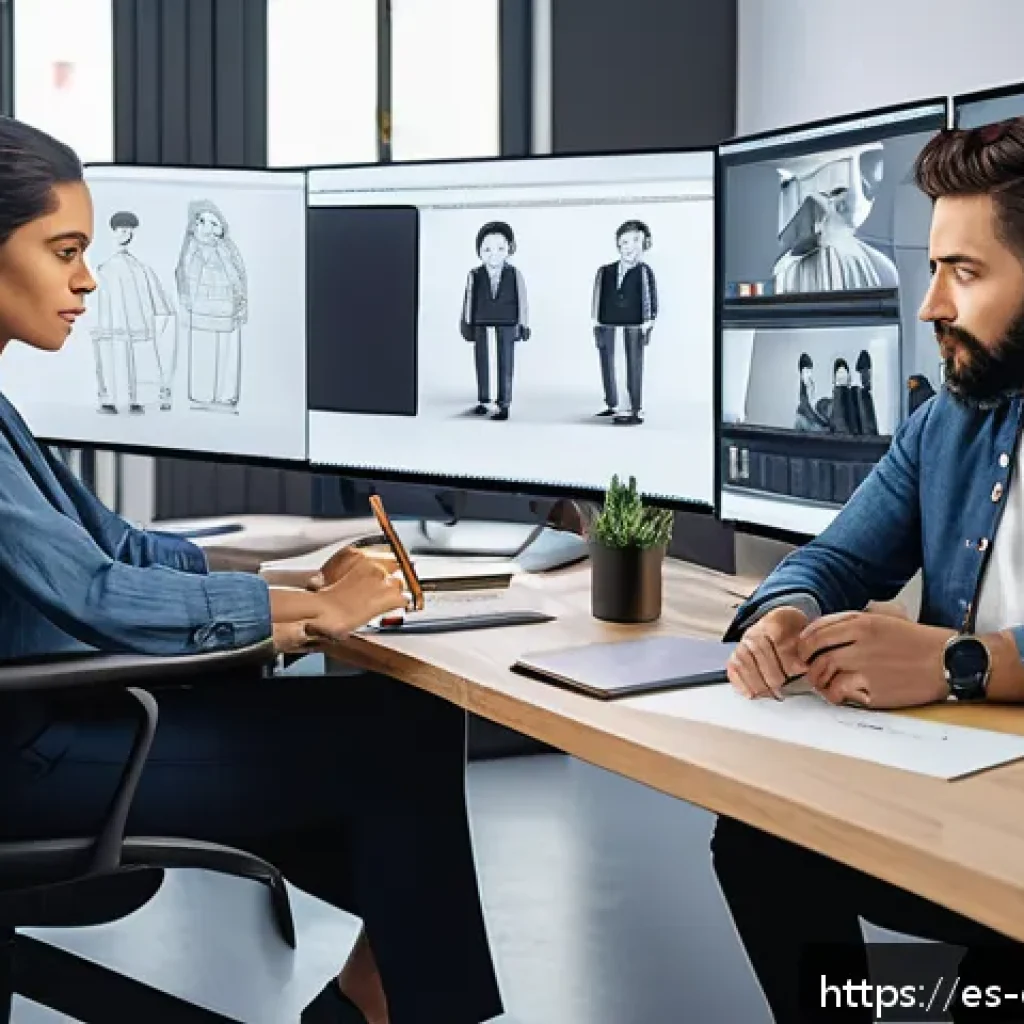 캐릭터 디자인 업계의 학문적 연구 동향 - A diverse group of character designers collaborating in a modern creative studio in Madrid, Spain, f...