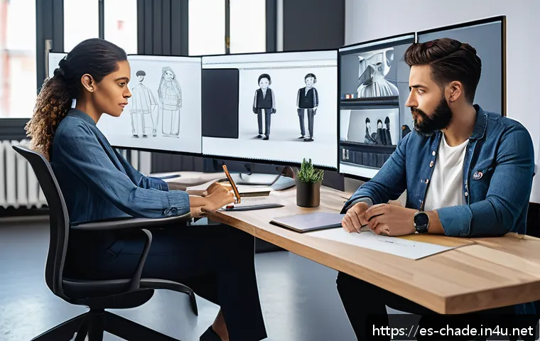 캐릭터 디자인 업계의 학문적 연구 동향 - A diverse group of character designers collaborating in a modern creative studio in Madrid, Spain, f...