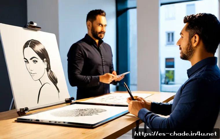 캐릭터 디자인 이직 시 성공 사례 - Photorealistic career-success scene in a bright creative studio in Madrid, confident Hispanic charac...