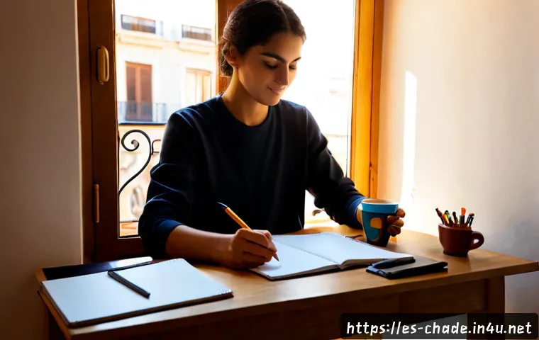 캐릭터 디자인 실무 일기 - Photorealistic character designer’s daily workspace in a sunlit Madrid apartment studio, an adult Sp...
